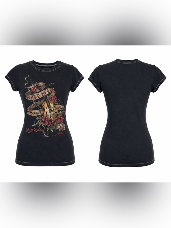 Hard Rock Cafe Tops - Y2K Rocker Graphic Tee Black - Hard Rock Cafe Los Angeles Guitar Roses - M